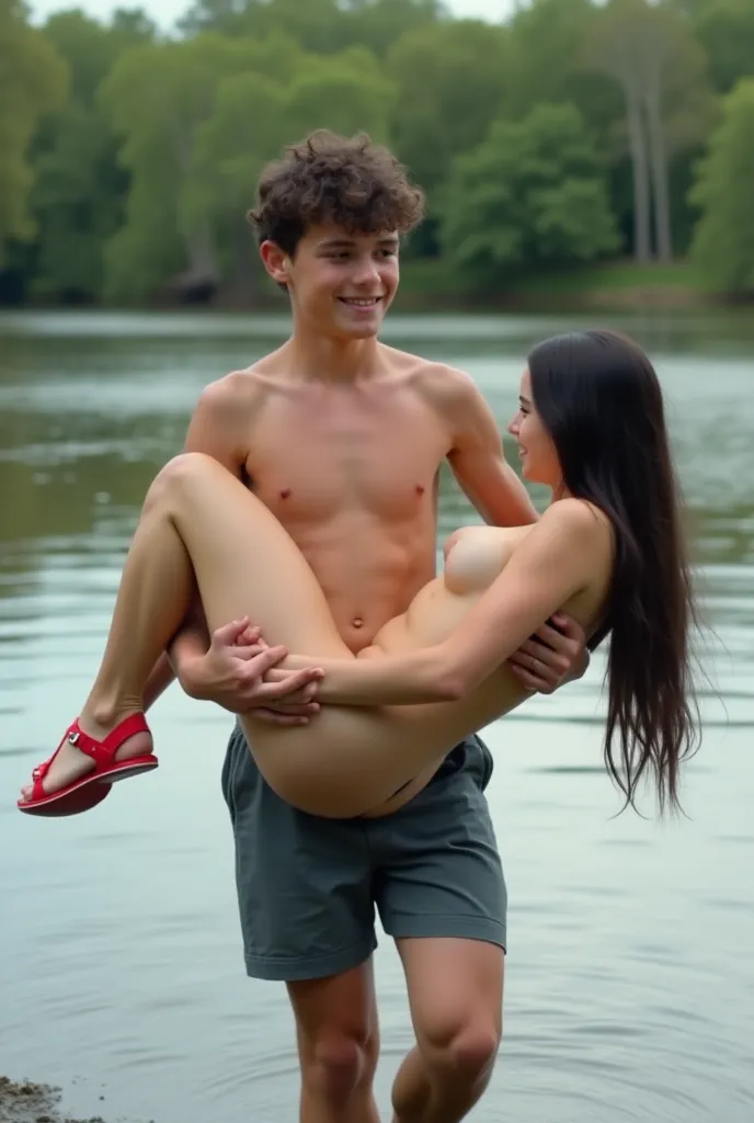  15years naked amrican schoolboy gently carrying his naked 15years sleep Caucasian sister horizontaly in a riverin his arms in bridal style putting his hands under her legs and behinde her back.sister laying horizonalty on his arms. the sister wearning red...