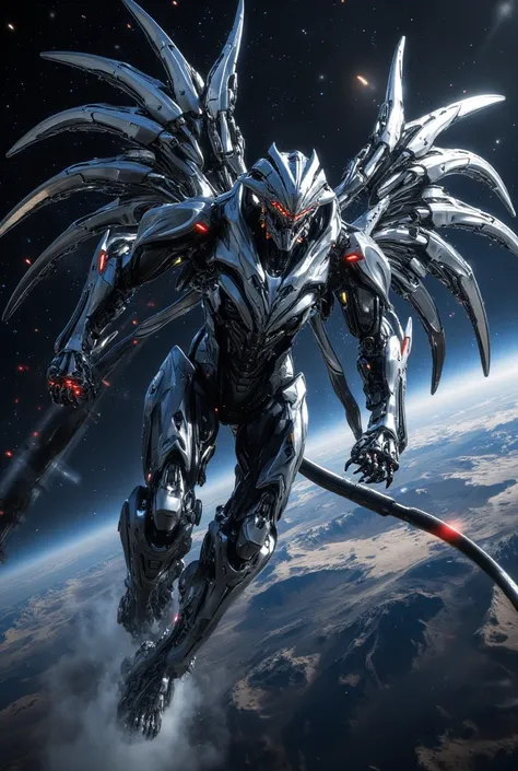 Futuristic helmet ( lion head armor on the main body )  futuristic robot with iron wings in a very iconic futuristic style running through space 