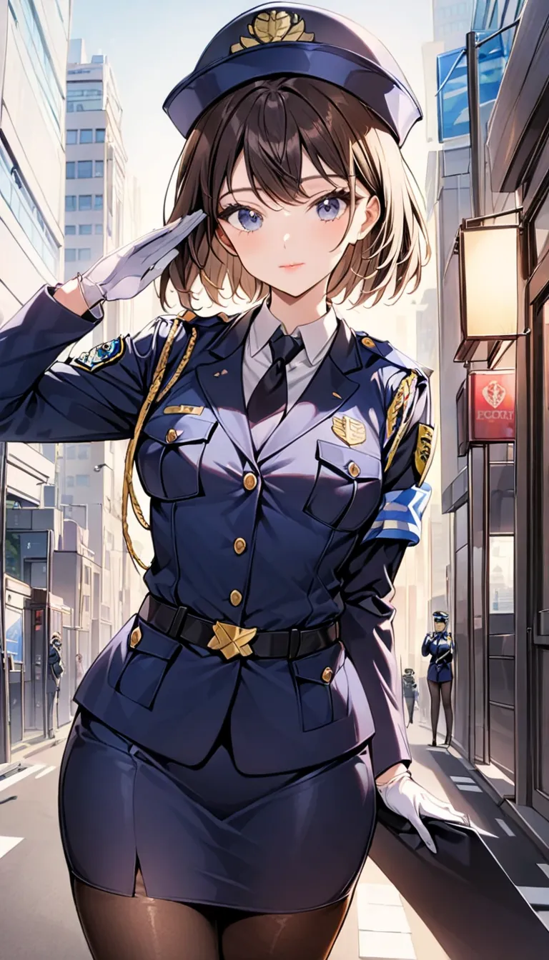  1girl 、solo ,Female police officer、Navy blue costume female police officer、Female police officer's cap、Uniform Buttons、Collared shirt、Black tie、Navy blue pencil skirt、Black Pantyhose、Uniform jacket、Black pumps、White gloves , standing ,salute ,closed mouth...