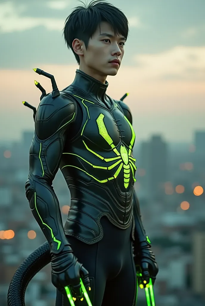  Young handsome man with short black hair and boyish style face , Firm muscles ， [ eyes are brown , body wearing black future-style electricity Young handsome man with short black hair and boyish face in sub-armor，Black Tights，Stronger muscles wearing boot...