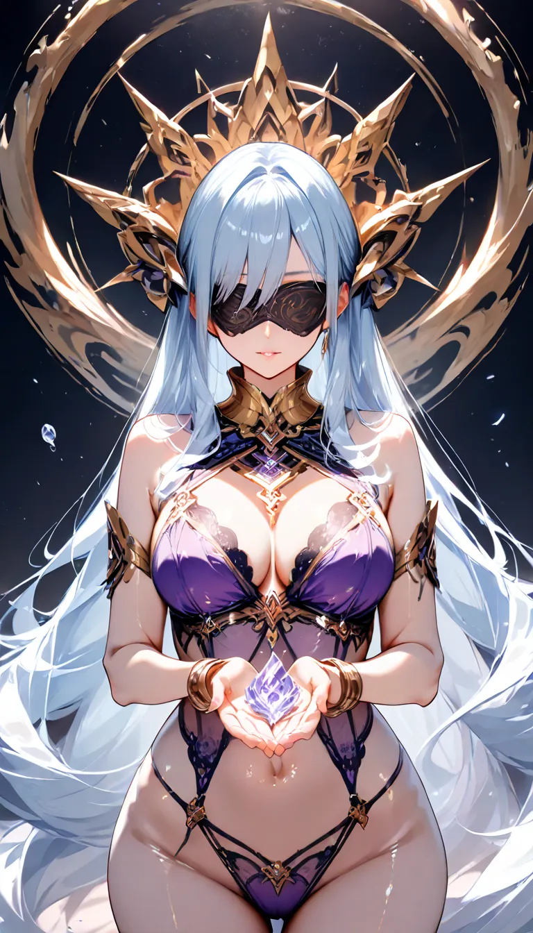 (Masterpiece,Very detailed 2.0), Beautiful Lady, (Light Blue Long hair), Blindfolded with urole bandage, Big and Long golden collar, Purple small lingerie, Golden Bracelets, Very wide lips, Bare feets, (Very wide hips), Clear hand, On Gradient background,(...