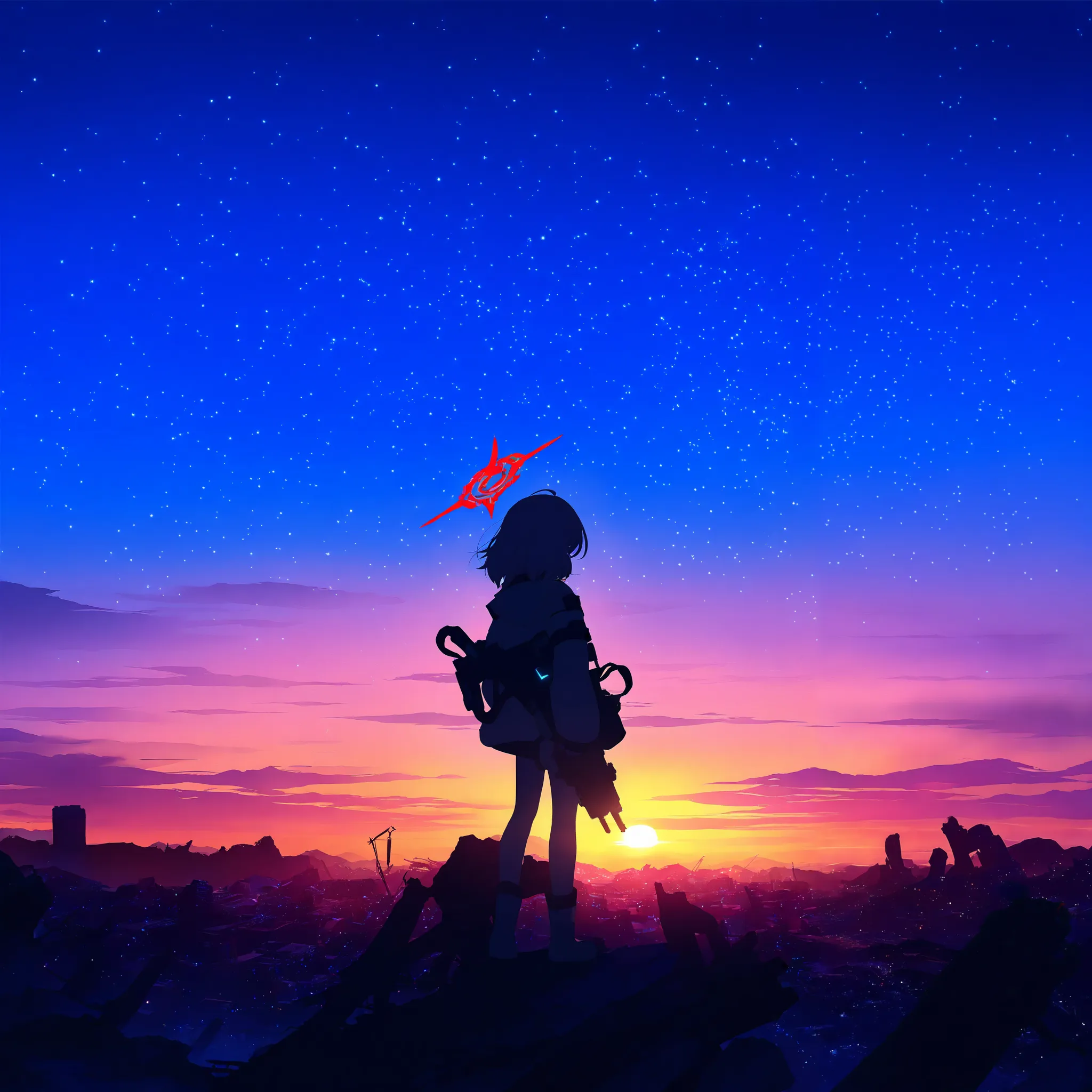 the plan_\(blue_archive\),1 girl, short hair,Alone,red halo,long guns,Standing on the ruins of a city, rail,Sky Aura,(look at the sunset:1.1) ,best quality, highly detailed, masterpiece, ultra-detailed, illustration, an extremely delicate and beautiful, be...