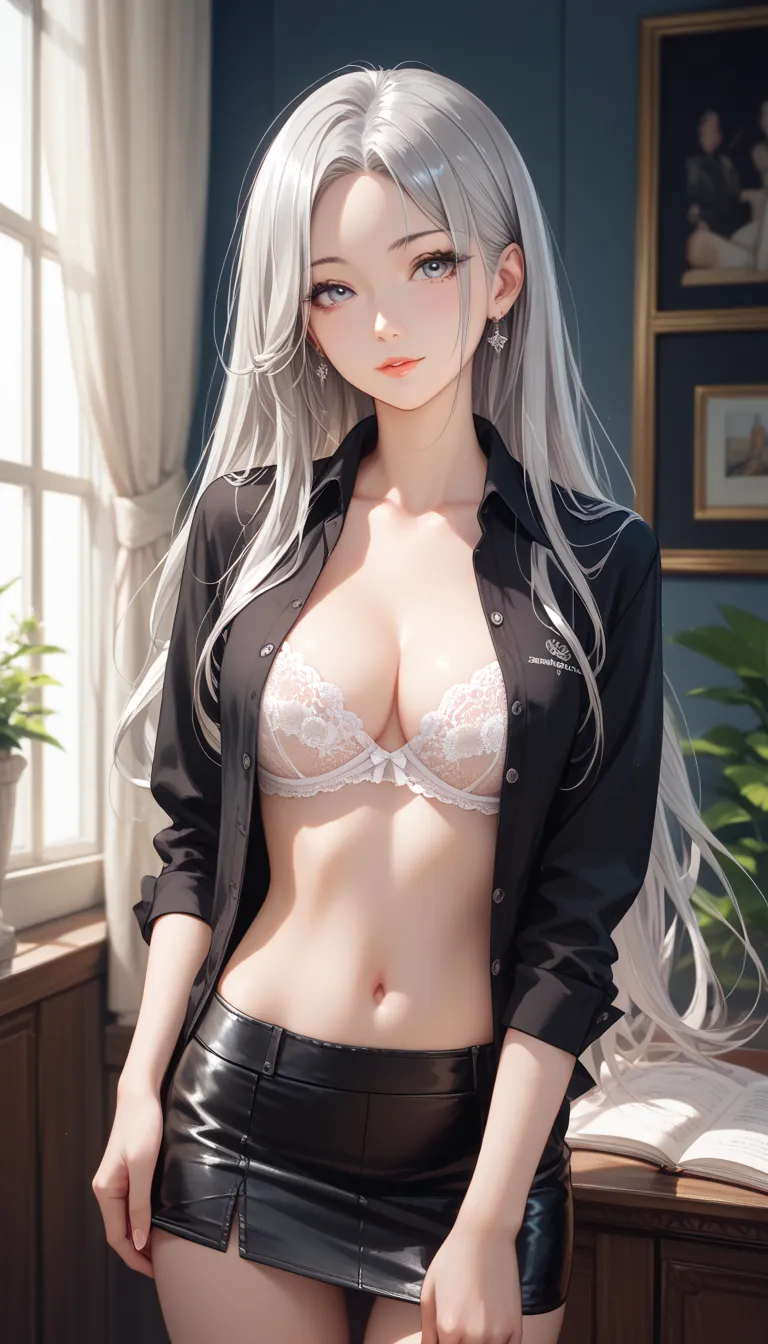 masterpiece, best quality, ultra-detailed, 8k, intricate details, わきDownを見せない, Down, no background, becomes transparent when you look at it {x}, PE, front view, cowboy shot, perfect and beautiful face, beautiful breasts,  Read more, slim, silver long hair,...