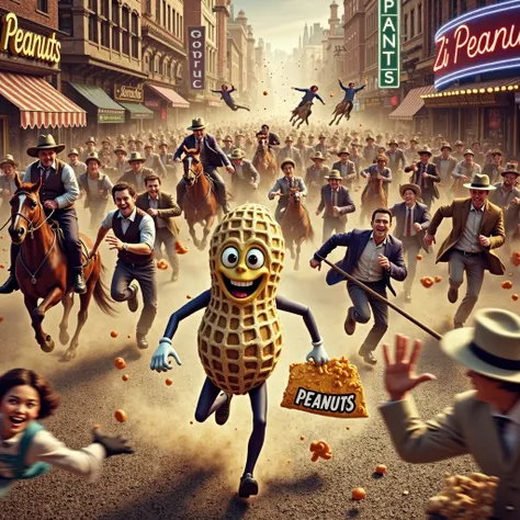 I want to create the Zi Peanuts  character tha is being chase by the crowd in the back,the crowd is chassing the Zi peanuts character tha is holding the Zi peanuts snack