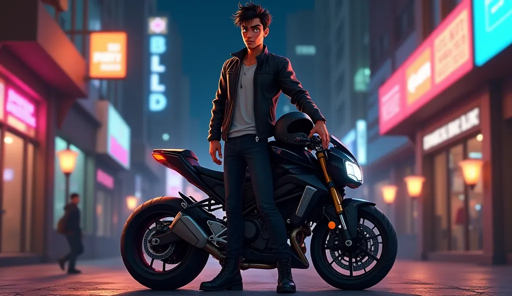 A young man, 22 years old, with a defiant attitude. He has tanned skin, short messy black hair, thick eyebrows, and dark eyes full of arrogance. He wears a worn-out black leather jacket, tight jeans, and rugged motorcycle boots. In one hand, he holds a hel...