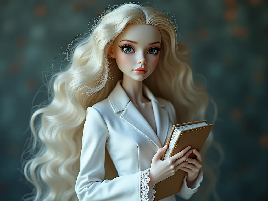 Several images for my YouTube cover, I want a doll with long curly hair with white skin wearing a psychologist's uniform and with notebooks in her hand