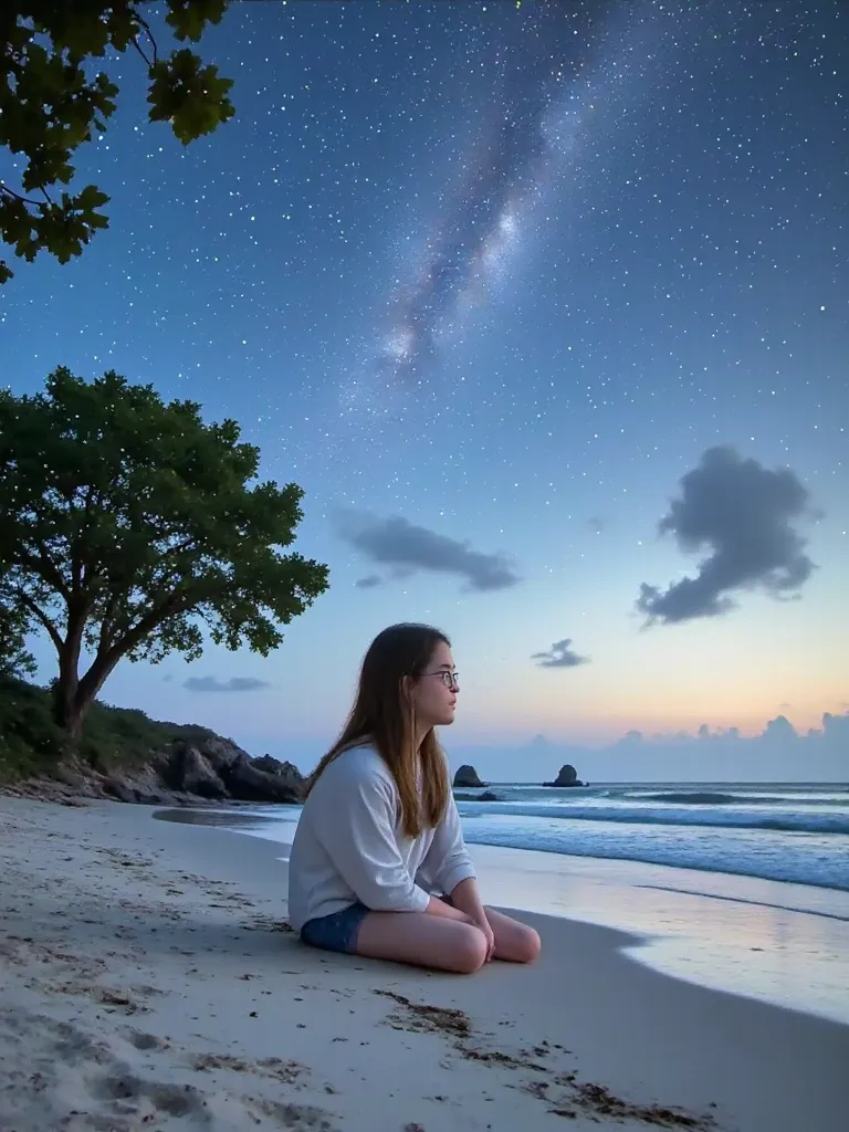 olympusd450, octans, 1girl, solo, long hair, sitting, scenery, starry sky, outdoors, sea, beach, cloud, milky way, tree, best quality, 8K