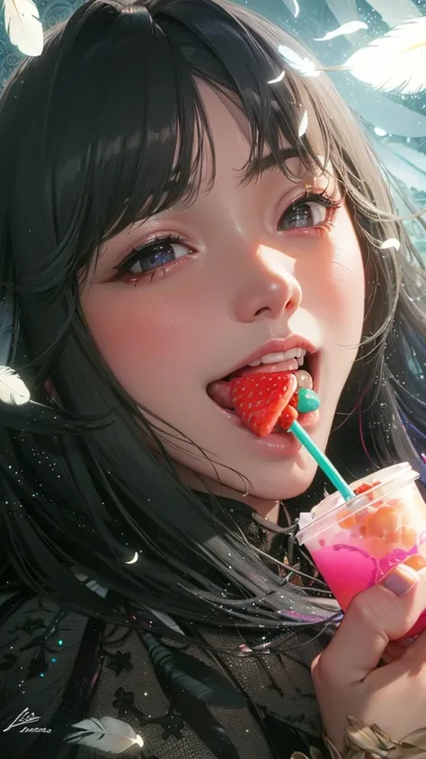 araffe girl with a strawberries in a cup in a car, drinking a strawberry iced latte, with a straw, xintong chen, chiho, ruan cute vtuber, young asian girl, xision wu, drinking boba tea, louise zhang, cute teeth, joy ang, eating, lulu chen, gemma chen, prof...