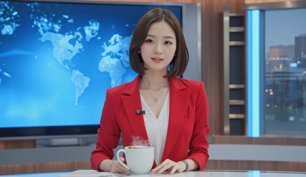 A cute young Korean female news presenter with a short bob haircut is delivering a news report in a modern TV studio. She is wearing a stylish red blazer and has a confident yet approachable expression. The large TV screen is positioned beside her, facing ...