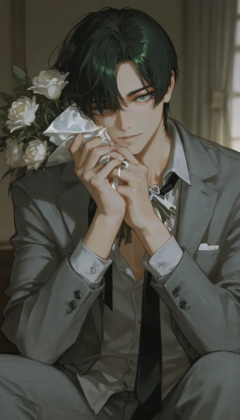 masterpiece, best quality, 1boy, blurry background, dark lighting, solo, lips, perfect hands, male focus, detailed dark green eyes on board, sharp face features, holding large bouquet of peonies to viewer, looking at viewer, detailed fully black hair, tota...