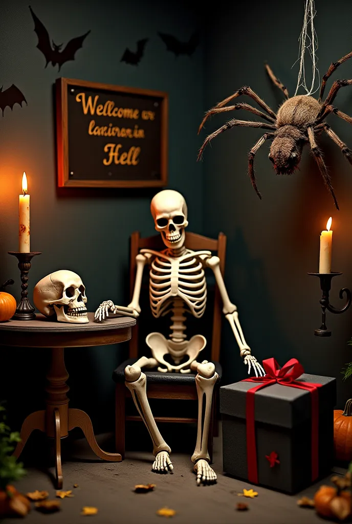 Here's an improved prompt with an included skeleton:

"A spooky Halloween diorama set in a dark and dark setting. in the center, a life-size skeleton is sitting on an old wooden chair, with a disturbing posture and a hand resting on a dusty table. In front...