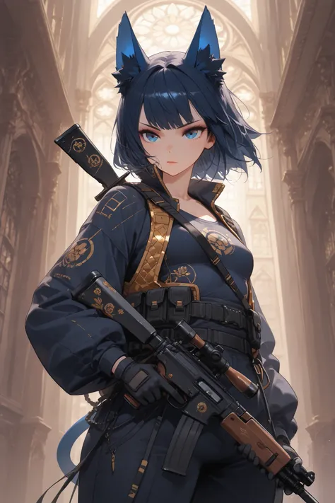 (Cubi: (short hair, dark blue hair, blue kitten ears, woman, 1woman, one woman, blue eyes, solo), (small breast)), (urban samurai, rifle, gloves, holding gun), golden cathedral at background, (bulletproff vest), eye-level shot