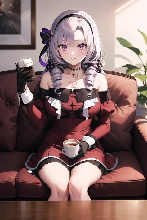 masterpiece, best quality, highres, hmsalome, drill hair, parted bangs, black hairband, ribbon, purple eyes, large breasts, tattoo, red dress, long sleeves, bare shoulders, black gloves, cowboy shot, sitting, sofa, holding cup, coffee, table