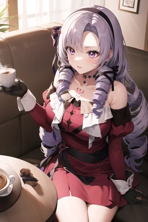 masterpiece, best quality, highres, hmsalome, drill hair, parted bangs, black hairband, ribbon, purple eyes, large breasts, tattoo, red dress, long sleeves, bare shoulders, black gloves, cowboy shot, sitting, sofa, holding cup, coffee, table