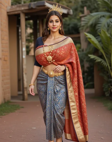 Colourfull saree ,long thin gold chain holy thread (mangalsutr),belly chain, nose ring , full body 



