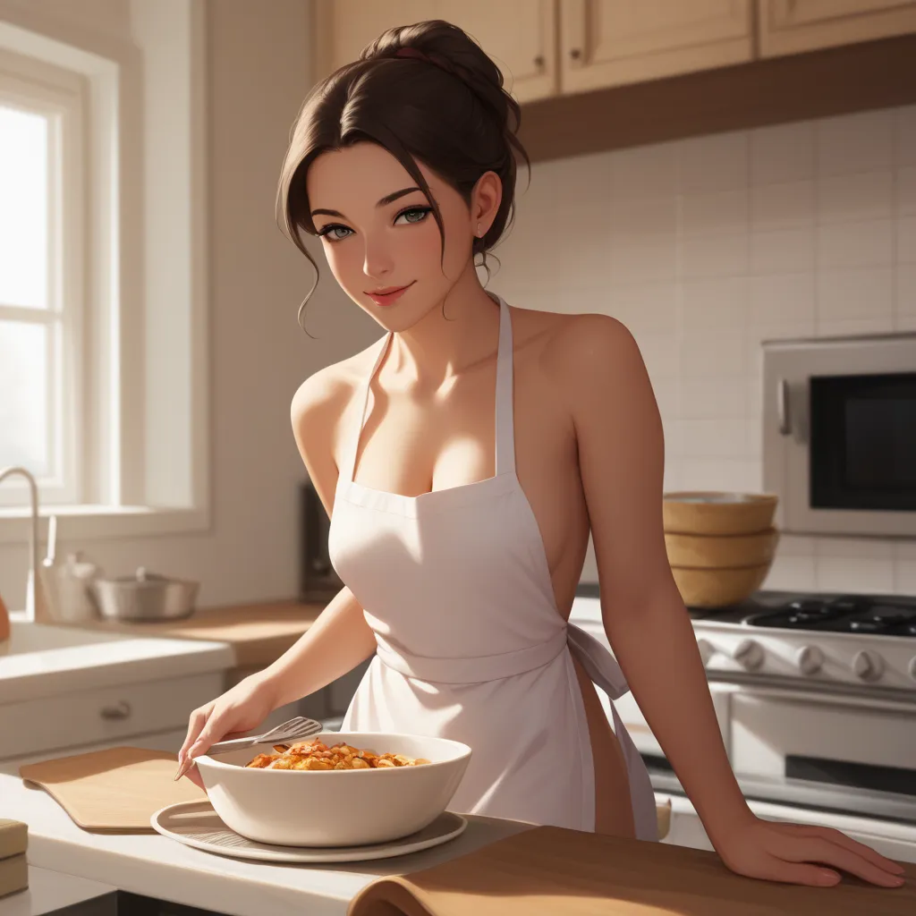 woman housewife, wearing an apron on a naked body,  Cook ,  in the kitchen
