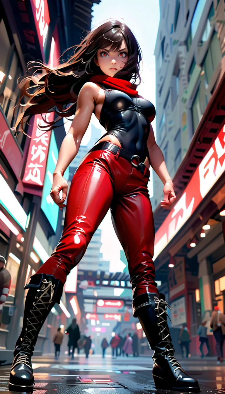 Oriental anime woman (sexy, beautiful, age 25, muscular:1.3), wearing red leather jacket, red leather pants, black over-knee boots, black top, red scarf, striking a powerful pose, realistic anime style, street background, (large eyes:1.2), detailed face, s...