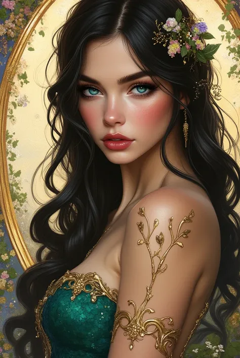 oil painting hyperrealistic fantasy, Beautiful 25-year-old Russian woman with Russian features, Very long and perfectly wavy jet black hair, sapphire blue eyes, shiny reddish lip gloss, white skin de porcelana como muñeca,  pink cheeks, An emerald green dr...