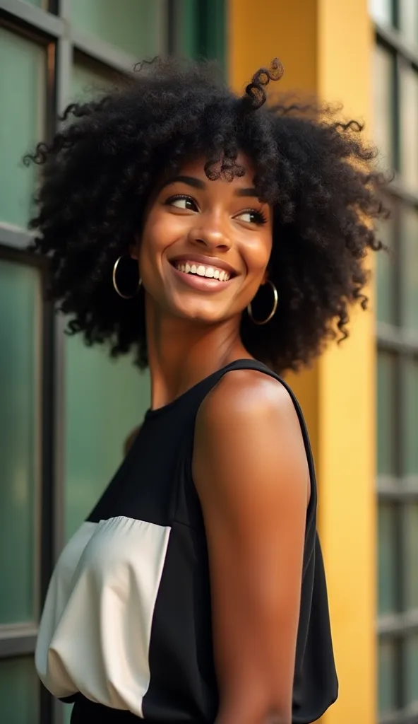 "A portrait of a confident woman with a warm, radiant smile, looking to the side. She has voluminous, curly black hair with soft bangs framing her face. Her skin glows under natural sunlight, highlighting her smooth complexion. She is wearing a stylish bla...