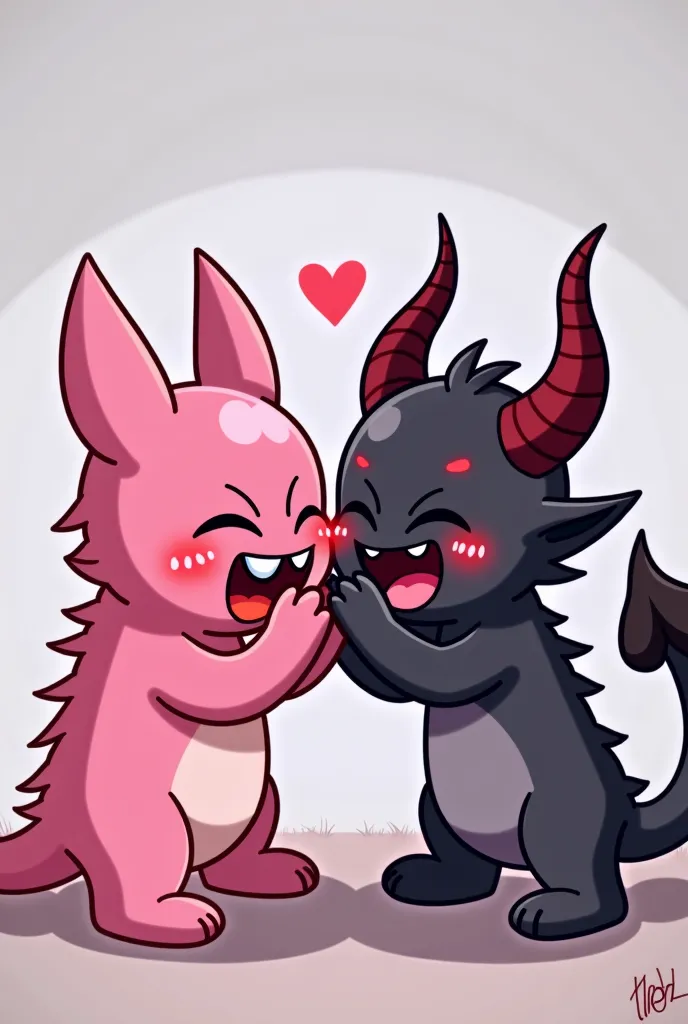 cartoon of a pink monster and a demon with horns, a cartoon by mckadesinsanity, tumblr, purism, both laughing, Danbooru y ArtStation,  kissing together tenderly ,  They're in love, [[[[ maliciously smiling ]]]], 📷 absence y rumpleteazer, meow, Smiling at e...