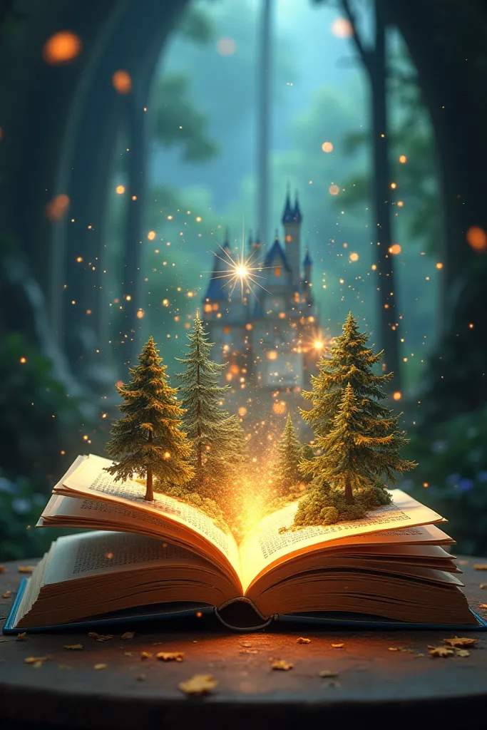 "An open book on a table, with pages glowing as a fantasy world emerges. Imagine castles, dragons, and forests growing from the pages, blending reality with fantasy. The scene is vibrant with magical energy and detail."