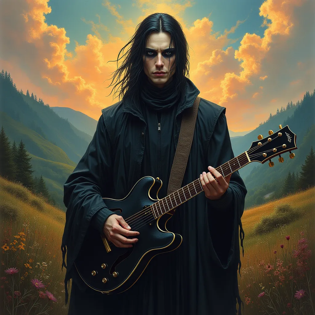 Black eyes black sclera, Man holding guitar, Realistic landscape, 4K, oil painting,  natural light, vibrant colors, Enhanced Details, photorealistic effect