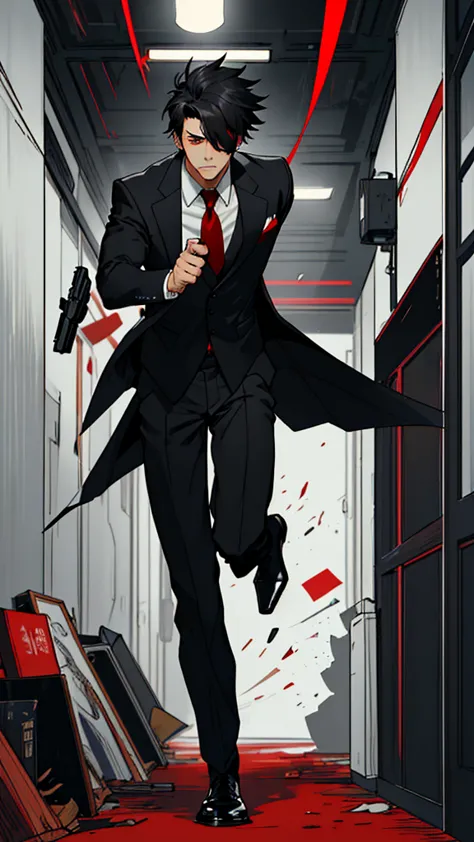 A dynamic pose of running into a room with a gun in one hand。Hold the gun in one hand。Please wear a suit and tie、Short, messy black hair, red eyes。Handsome , A magnificent and elegant portrait, Art Station Trends,  Black Suit, Highly detailed fan art,Holdi...