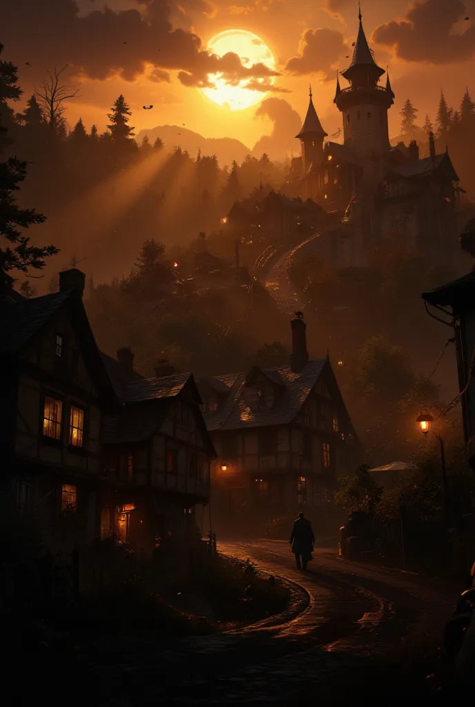 Create an image of the sun rising over Ashwood, casting a golden glow over the town, but with a hint of darkness lurking in the shadows, as if the true horror is only just beginning."