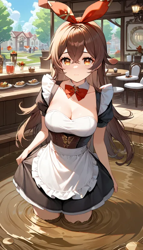 score_9, score_8_up, score_7_up,source_anime, high res image,masterpiece,best quality,girl,cute face,clear skin,amber_genshin, cafe, maid, maid apron, detached collar, standing, (quicksand, partially submerged), tears in her eyes