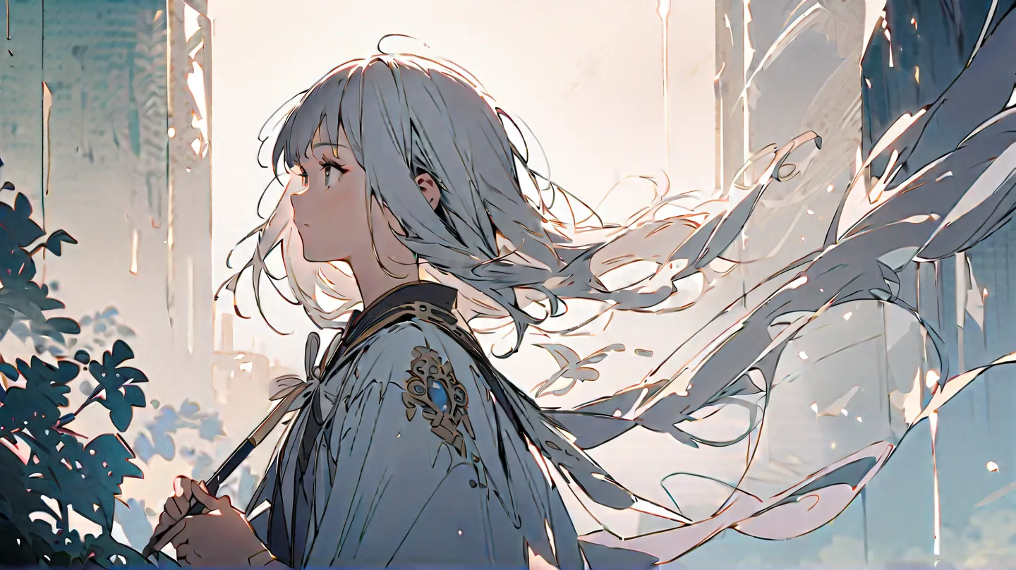 Views into three equal parts, 1 girl, full body, Gray Hair,  Brush, ribbons,  character design drawing