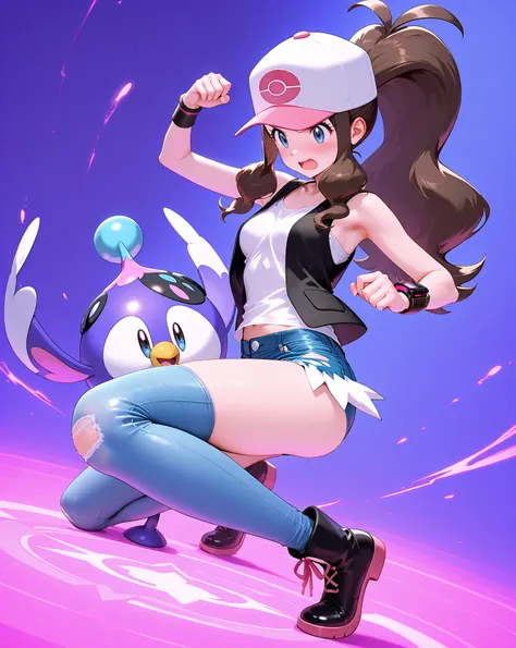 pokemon hilda, twinkling crystalline blue eyes, brown hair, long hair, ponytail, baseball cap, shorts azul, tight jeans, hat,micro shorts, vest, bracelet, sleeveless, vest preto,  tight white shirt , semi-transparent shirt.
A spooky solar eclipse is being ...