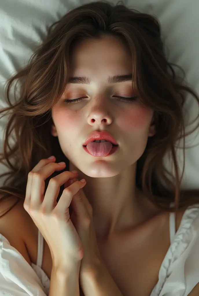 there is a woman that is sleeping on a bed with her eyes closed, a picture by Amelia Peláez, instagram, hurufiyya, thick lips, very full lips, tongue out, licking tongue, huge lips, sexy lips, big juicy lips, licking out, huge juicy lips, big puffy lips, l...