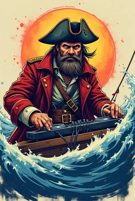 A DJ as a pirate captain, navigating through waves of sound on a musical voyage, searching for the treasure of the ultimate beat. with light color background for t-shirt design