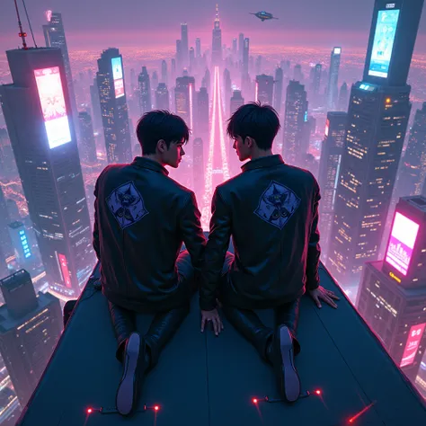 Jin Kazama sitting with Paul on top of the building, cyberpunk lighting, night view, Anime, high resolution, detailed, saturated image