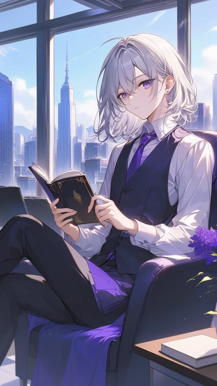 A 17-year-old young man with shining silver hair and bright violet eyes is sitting in an elegant armchair in a modern office. He holds a small book in his hands, with a calm and introspective expression. Around him, books are scattered in an organized mann...