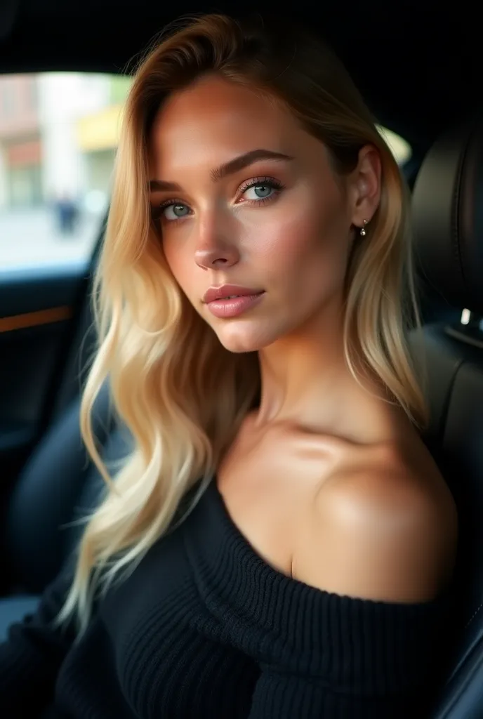 A stunning young woman with long, silky blonde hair and piercing blue eyes, sitting inside a luxury car. She has full, glossy lips and flawless, radiant skin with a subtle blush on her cheeks. Her gaze is confident yet soft, with long, voluminous eyelashes...