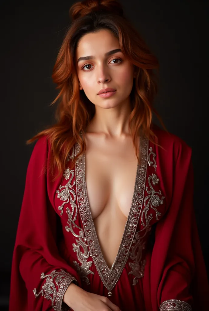 Alia Bhatt:1.4, looking at camera neutral expression in a sexually teasing manner, (((portrait of Alia Bhatt, massive breast cleavage, dark red silver color open chest royal outfit In a Game of thrones))), beautiful long copper orange colour hair bun tucke...