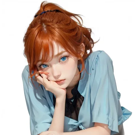 a close up of a person laying on a table with a laptop, young girl,  bored expression, orange - haired girl, tall girl with blue eyes, tired expression, cute pose