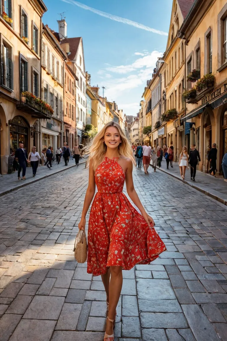 A blonde, blue-eyed woman wearing a beautiful red dress is walking down a sunny street. The sun is shining brightly, casting warm and vibrant light. Her hair glows in the sunlight, gently swaying with her movements, and her expression is cheerful and confi...