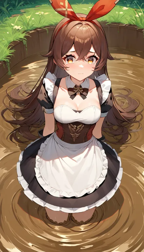 score_9, score_8_up, score_7_up,source_anime, high res image,masterpiece,best quality,girl,cute face,clear skin,amber_genshin, maid, maid apron, detached collar, standing, (quicksand, partially submerged), tears in her eyes