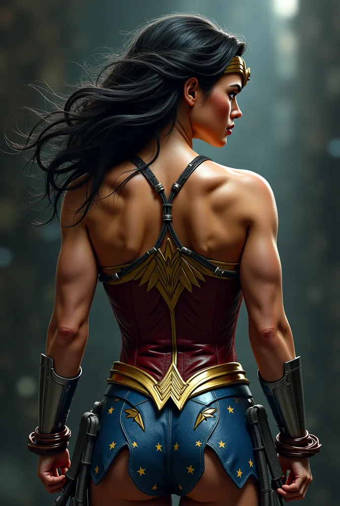 Wonder woman tied with her hands up, whiplash marks on her back 