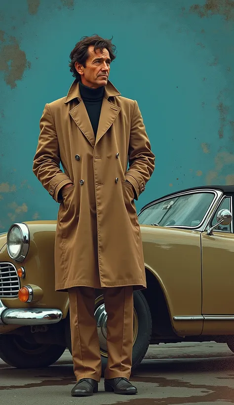 US TV drama promotional posters、Detective Columbo、Stand beside a dull blue ragged 1959 Peugeot 403 convertible、Vintage Car、 unkempt hair、 twirl、The brown trench coat of the dragonfly car 