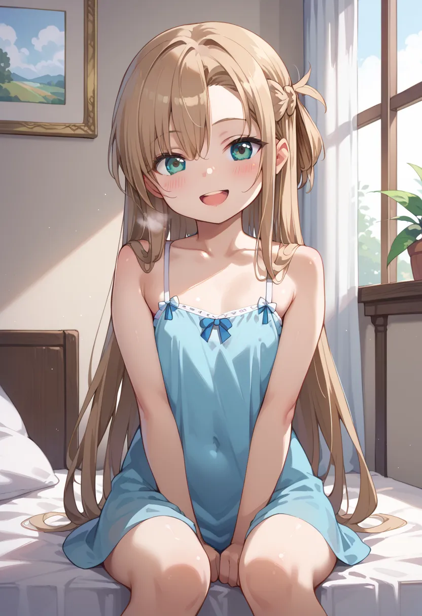 ((Best Quality)), ((masterpiece)), (be familiar with), perfect face, indoors, bedroom, watching viewers,
One woman, Asuna Yuki,
open mouth, steam clouds drift, blush, smile,
 small tits, flat chest, Young girl,  lori,  ,  girl,
long hair, long hair,
 open,