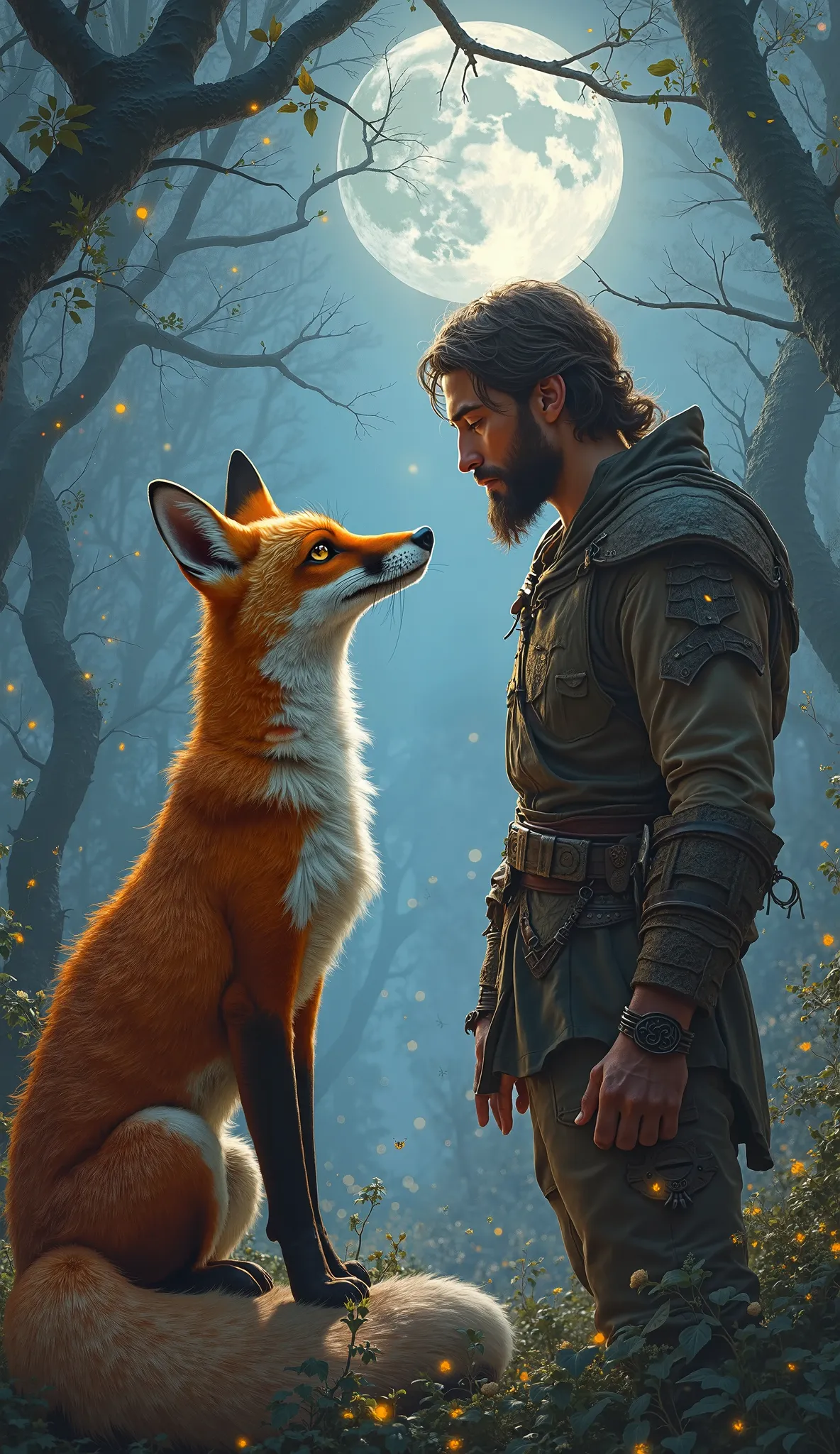 A breathtaking and cinematic digital painting featuring a fox and a human locked in an intense gaze, as if sharing an unspoken connection. The fox has sleek, glowing fur, shimmering in shades of fiery orange and soft gold, with piercing, intelligent eyes r...