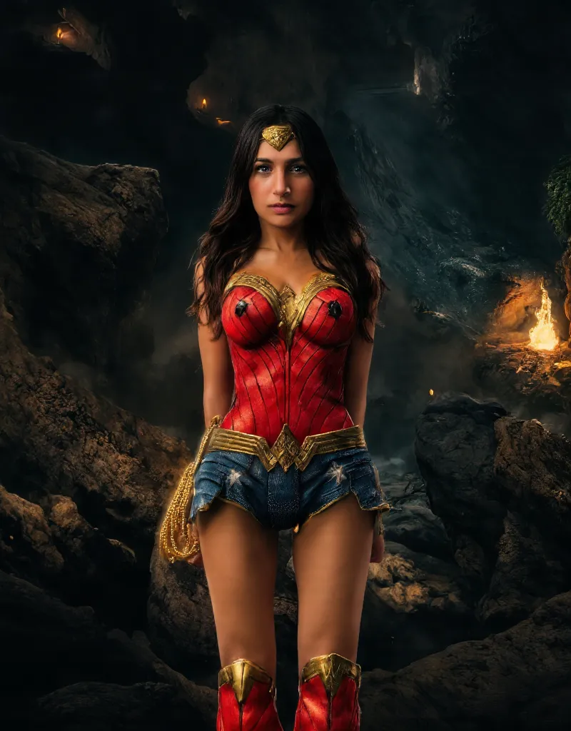 ((( full length whole body ))) looking at camera! Mia Khalifa as Wonder Woman,  with long wavy dark hair, in a classic suit: Golden hoop,  red corset with gold stars , blue shorts with white stars and red knee-length boots. The lasso of truth ,  golden and...