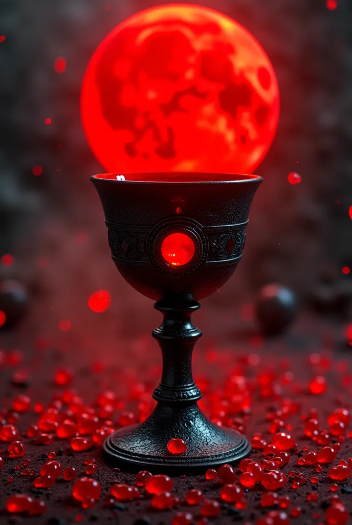 Ace of Cups mysticism huge change goblet decorated with bright red stones in the center black and red palette red moon ominous atmosphere Red tarot liquid flows from the goblet nights blurred background without frame red ash in the air 