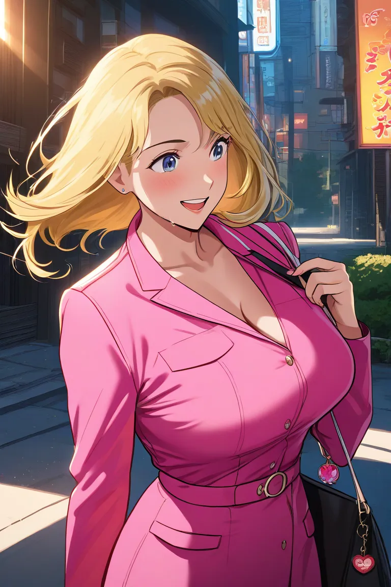 Kochikame,Reiko Akimoto,Big Breasts,blond hair,pink suit,skirt