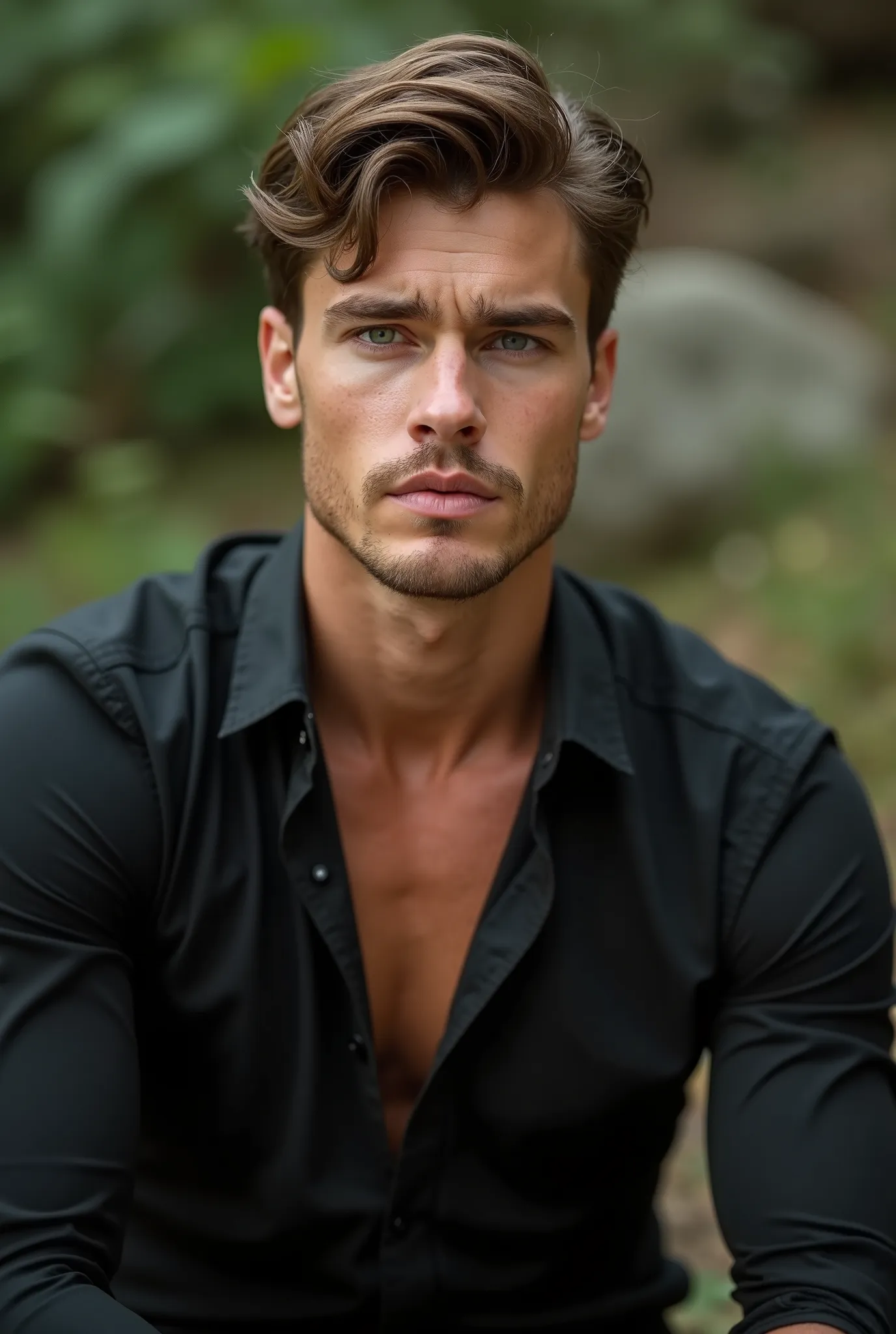 a handsome wearing black shirt, upper body, outdoor,, 23yo, caucasian, darelljones, ultra realistic, highres, solo, (masterpiece,best quality:1.5)