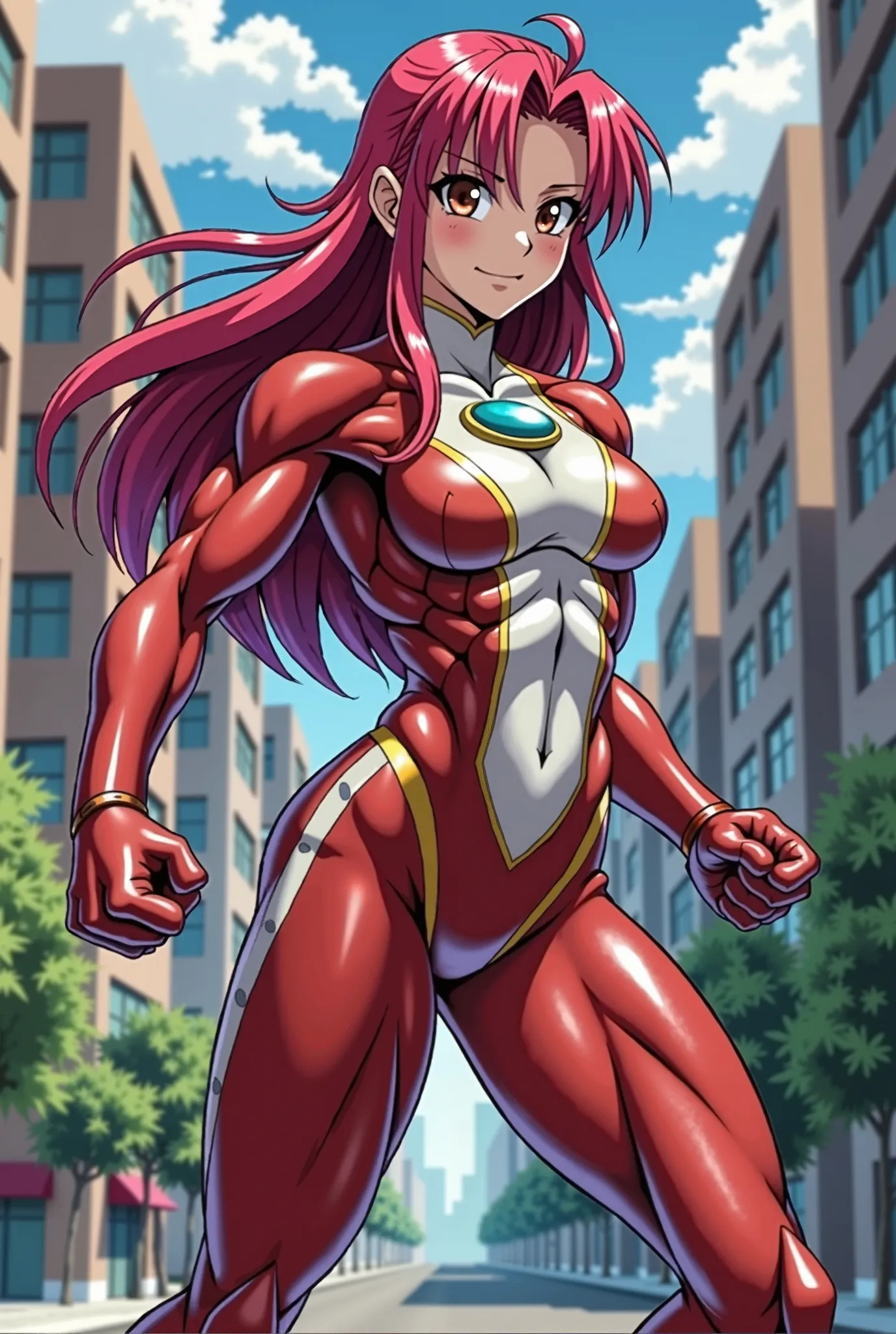 My Hero Academia Style , Anime girl, female, young female,muscular female,Full Body Shot,(fighting Pose:1.3),Long hair, Red Hair,  Brown Eyes,Hero Suit, Full Body Suit, red suit with white details,small round blue jewel in the center of the chest, perfect ...