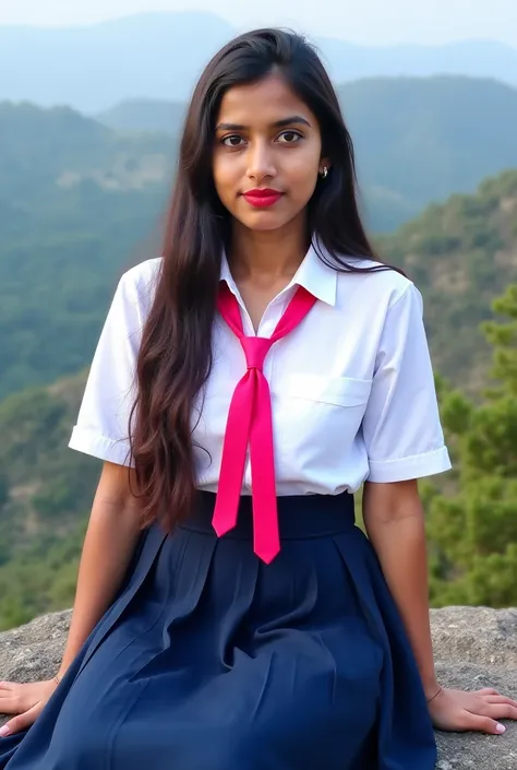 30 years old Hot white shirt and dark blue frock school indian girl sitting on the rock hills station.wearing pink red color tie on the shirt. Sexy large boobs, small hip, back long hair traditional, hair holding with left hands. Hd quality, cinimatic phot...